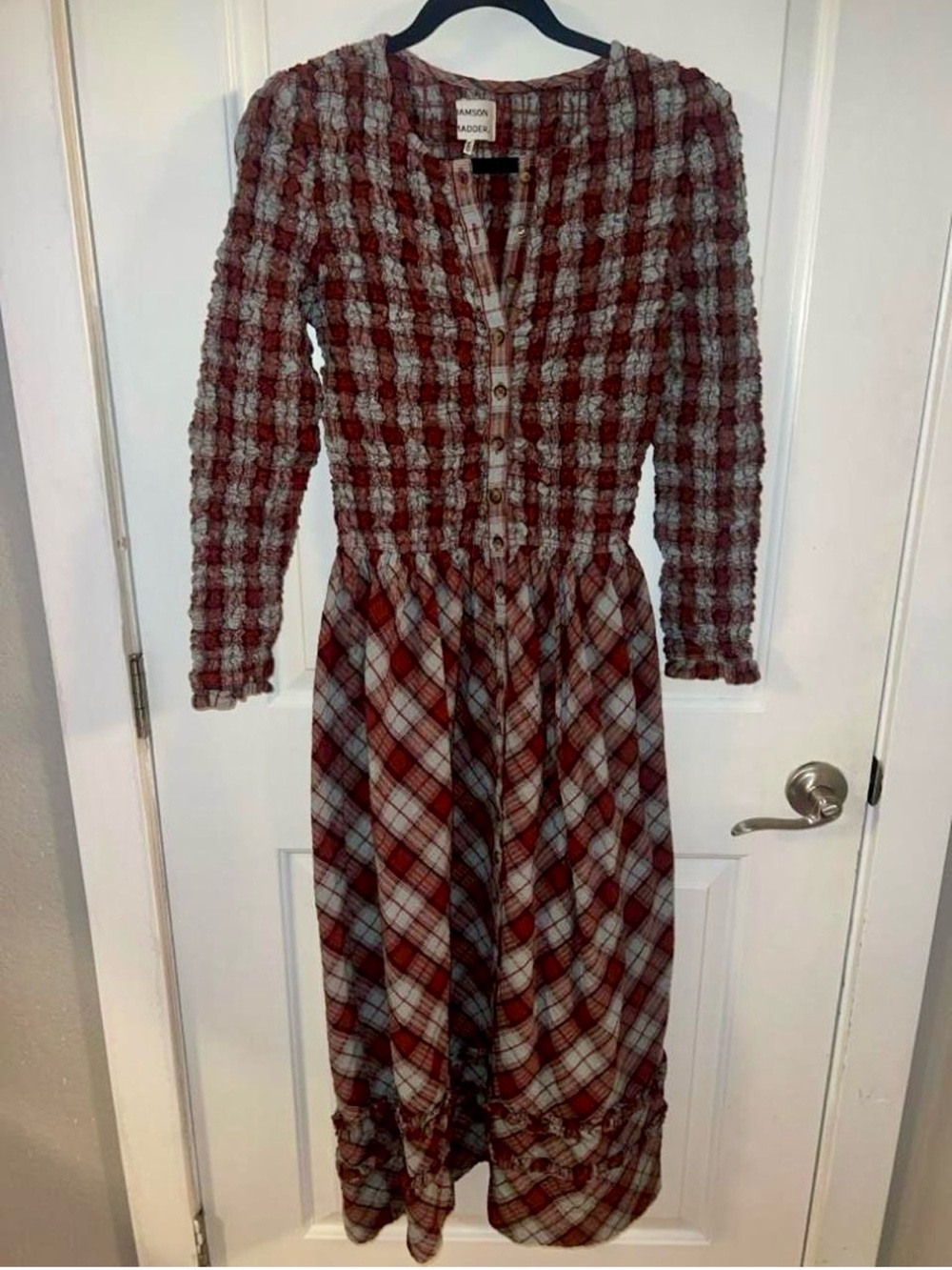Damson Madder Red Blue Plaid Posey Cardi Organic Cotton Smocked Midi Dress - Picture 4 of 8